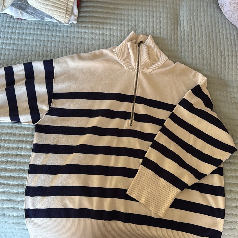 Free People Cream and Navy Striped Half-Zip Turtleneck Sweater
